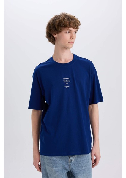 %100 Pamuk Boxy Fit Bisiklet Yaka Sırt Baskılı Kısa Kollu Tişört E4540AX25SM