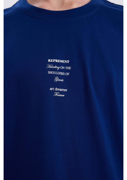 %100 Pamuk Boxy Fit Bisiklet Yaka Sırt Baskılı Kısa Kollu Tişört E4540AX25SM