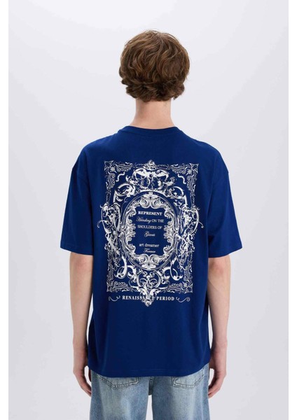 %100 Pamuk Boxy Fit Bisiklet Yaka Sırt Baskılı Kısa Kollu Tişört E4540AX25SM