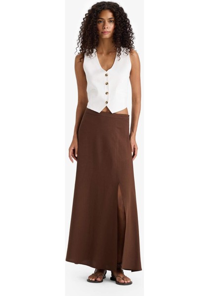 A Kesim Normal Bel Yırtmaçlı Keten Karışımlı Maxi Etek E6024AX25SM