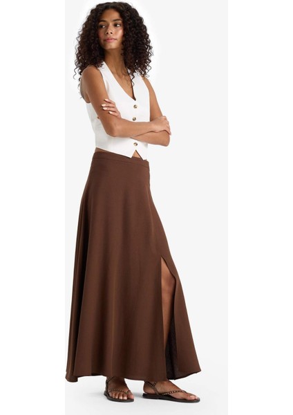 A Kesim Normal Bel Yırtmaçlı Keten Karışımlı Maxi Etek E6024AX25SM