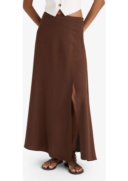 A Kesim Normal Bel Yırtmaçlı Keten Karışımlı Maxi Etek E6024AX25SM