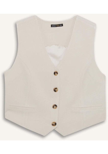 V Yaka Keten Karışımlı Blazer Yelek C3828AX25SM