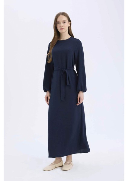 Regular Fit Bisiklet Yaka Basic Düz Kuşaklı Aerobin Uzun Kollu Elbise E5268AX25SP