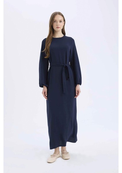 Regular Fit Bisiklet Yaka Basic Düz Kuşaklı Aerobin Uzun Kollu Elbise E5268AX25SP