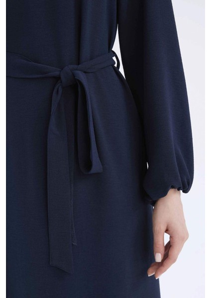 Regular Fit Bisiklet Yaka Basic Düz Kuşaklı Aerobin Uzun Kollu Elbise E5268AX25SP