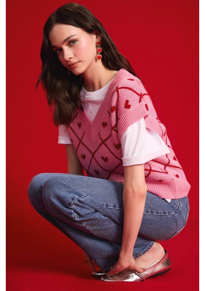 Coool V Yaka Kalp Desenli Triko Süveter W6775AZ25SP