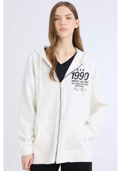 Oversize Geniş Kalıp Kapüşonlu Baskılı Fermuarlı Kalın Sweatshirt E5991AX25SP