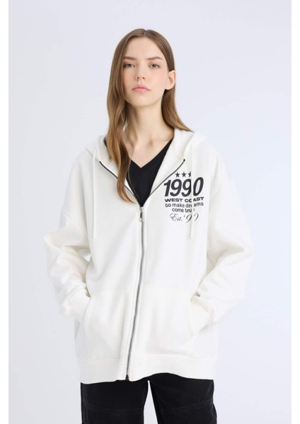 Oversize Geniş Kalıp Kapüşonlu Baskılı Fermuarlı Kalın Sweatshirt E5991AX25SP