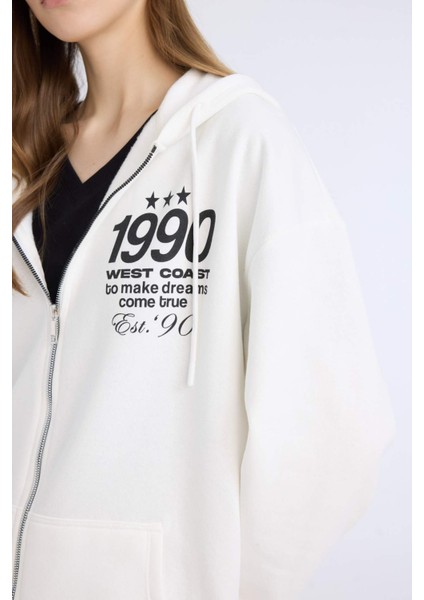 Oversize Geniş Kalıp Kapüşonlu Baskılı Fermuarlı Kalın Sweatshirt E5991AX25SP