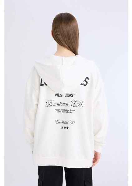 Oversize Geniş Kalıp Kapüşonlu Baskılı Fermuarlı Kalın Sweatshirt E5991AX25SP