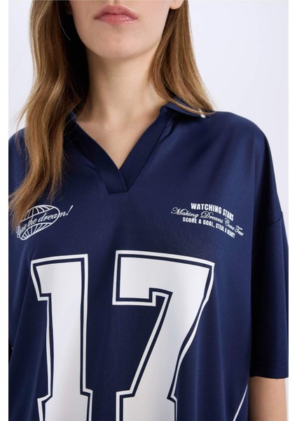 Coool Oversize Geniş Kalıp Polo Yaka Baskılı Forma Kumaşı Kısa Kollu Tişört E5368AX25SM