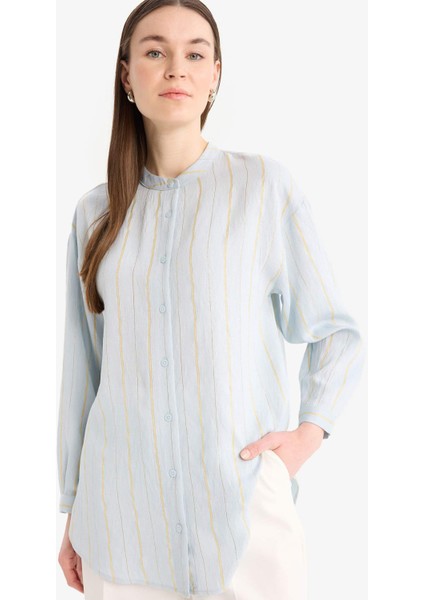 Relax Fit Basic Düz Simli Kumaş Uzun Kollu Tesettür Gömlek Tunik D9759AX25HS