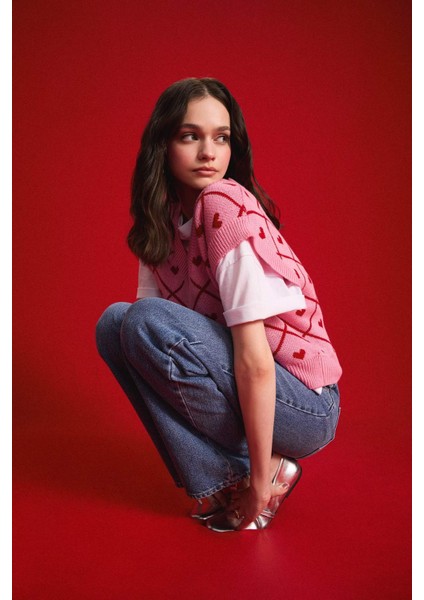 Coool V Yaka Kalp Desenli Triko Süveter W6775AZ25SP