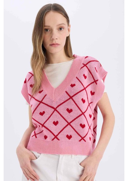 Coool V Yaka Kalp Desenli Triko Süveter W6775AZ25SP