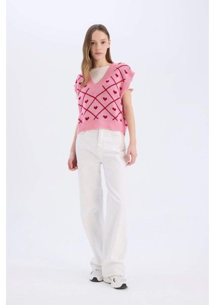 Coool V Yaka Kalp Desenli Triko Süveter W6775AZ25SP