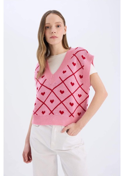 Coool V Yaka Kalp Desenli Triko Süveter W6775AZ25SP