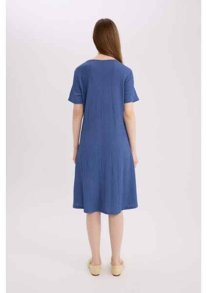 Regular Fit Apaş Yaka Basic Düz Bürümcük Kısa Kollu Midi Yazlık Elbise D3834AX25SM