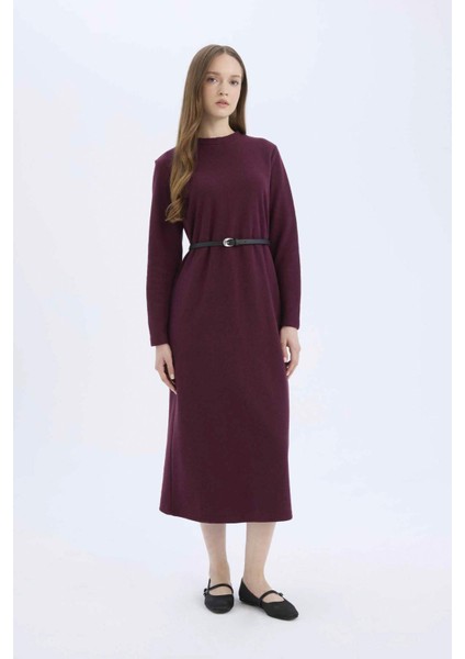 Regular Fit Bisiklet Yaka Uzun Kollu Kemerli Selanik Kumaş Maxi Tesettür Elbise E5790AX25SP