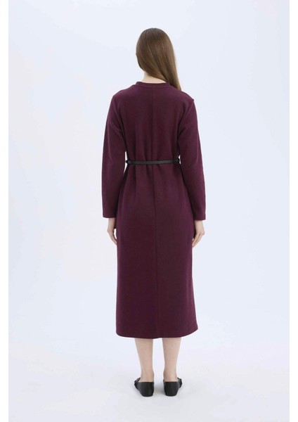 Regular Fit Bisiklet Yaka Uzun Kollu Kemerli Selanik Kumaş Maxi Tesettür Elbise E5790AX25SP