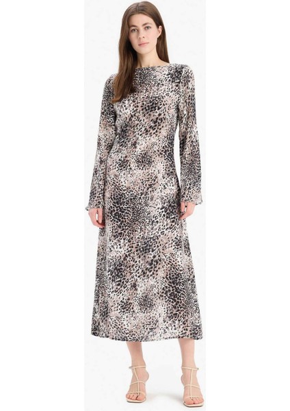 A Kesim Kayık Yaka Leopar Desenli Maroken Uzun Kollu Midi Elbise
