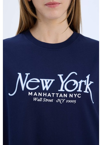 Oversize Geniş Kalıp Bisiklet Yaka Baskılı Kısa Kollu Tişört E5057AX25SP