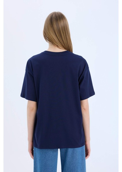 Oversize Geniş Kalıp Bisiklet Yaka Baskılı Kısa Kollu Tişört E5057AX25SP