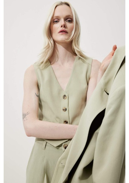 V Yaka Keten Karışımlı Blazer Yelek C3828AX25SM