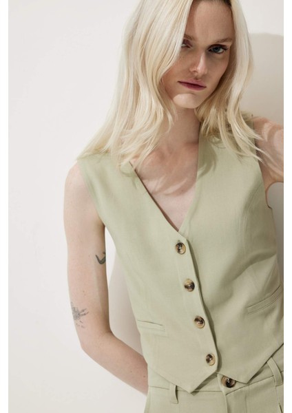 V Yaka Keten Karışımlı Blazer Yelek C3828AX25SM