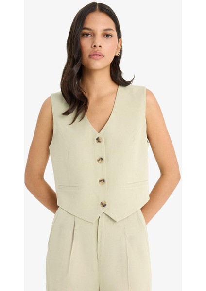V Yaka Keten Karışımlı Blazer Yelek C3828AX25SM