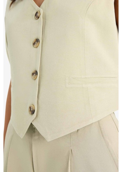V Yaka Keten Karışımlı Blazer Yelek C3828AX25SM
