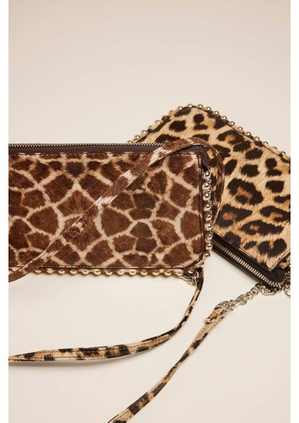 Kadın Zımba Detaylı Leopar Desenli Suni Deri Çapraz Çanta E0716AXNS