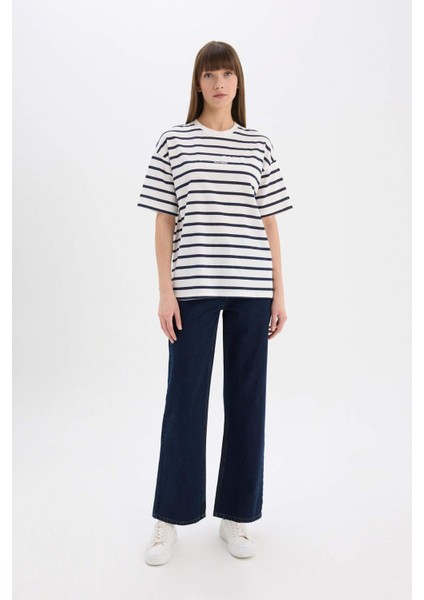 Oversize Geniş Kalıp Bisiklet Yaka Çizgili Penye Kısa Kollu Tişört E5058AX25SP