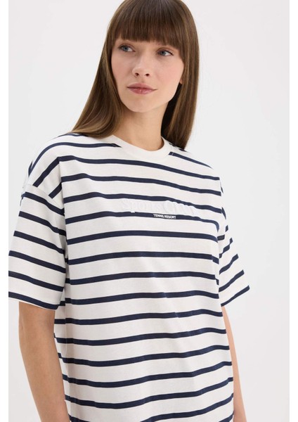 Oversize Geniş Kalıp Bisiklet Yaka Çizgili Penye Kısa Kollu Tişört E5058AX25SP