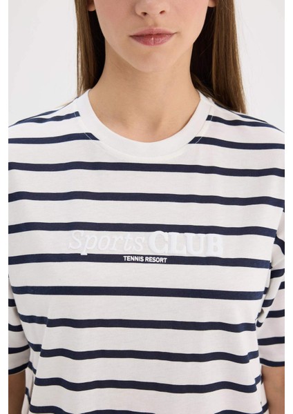 Oversize Geniş Kalıp Bisiklet Yaka Çizgili Penye Kısa Kollu Tişört E5058AX25SP