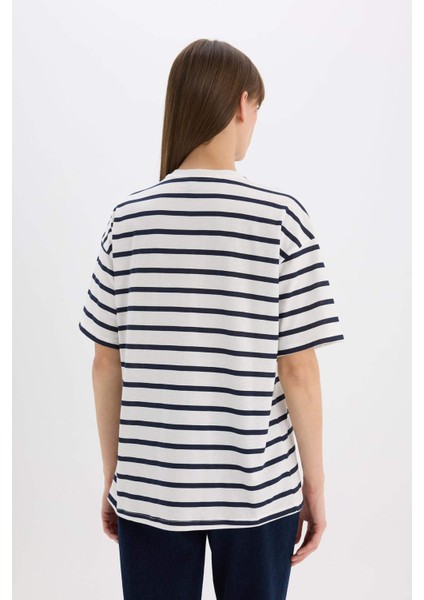 Oversize Geniş Kalıp Bisiklet Yaka Çizgili Penye Kısa Kollu Tişört E5058AX25SP