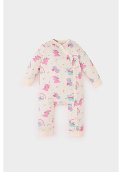 Kız Bebek Yenidoğan Dinozor Baskılı Penye Uzun Kollu Çıtçıtlı Tulum E6047A5NS