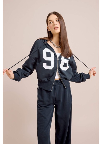 Coool Oversize Geniş Kalıp Kapüşonlu Baskılı Kalın Fermuarlı Sweat Hırka E5462AX25SM