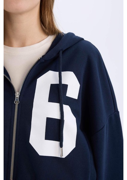 Coool Oversize Geniş Kalıp Kapüşonlu Baskılı Kalın Fermuarlı Sweat Hırka E5462AX25SM