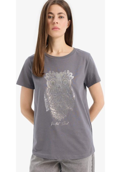 Regular Fit Bisiklet Yaka Baykuş Desenli Penye Kısa Kollu Tişört E5137AX25SM