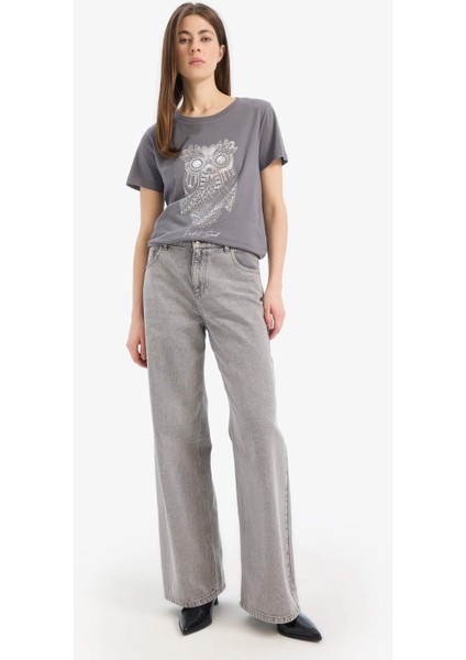 Regular Fit Bisiklet Yaka Baykuş Desenli Penye Kısa Kollu Tişört E5137AX25SM