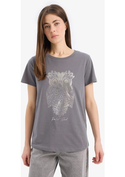 Regular Fit Bisiklet Yaka Baykuş Desenli Penye Kısa Kollu Tişört E5137AX25SM