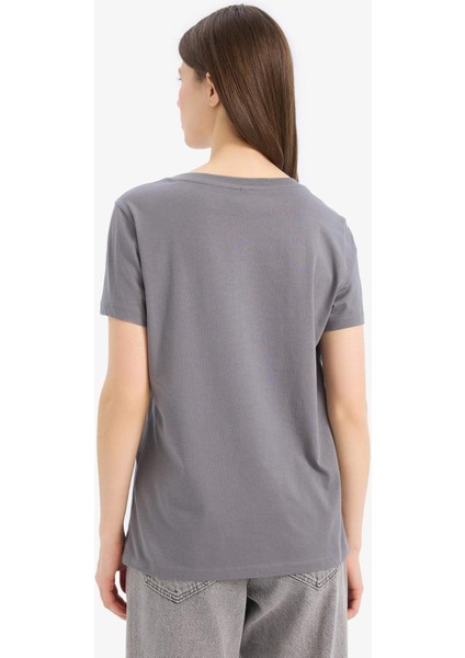 Regular Fit Bisiklet Yaka Baykuş Desenli Penye Kısa Kollu Tişört E5137AX25SM