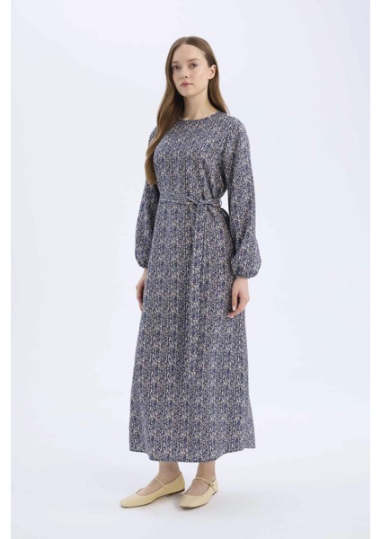 Regular Fit Bisiklet Yaka Desenli Kuşaklı Uzun Kollu Maxi Elbise E5247AX25SP