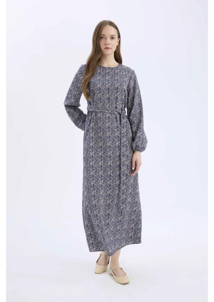 Regular Fit Bisiklet Yaka Desenli Kuşaklı Uzun Kollu Maxi Elbise E5247AX25SP