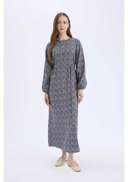 Regular Fit Bisiklet Yaka Desenli Kuşaklı Uzun Kollu Maxi Elbise E5247AX25SP