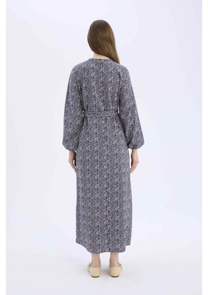 Regular Fit Bisiklet Yaka Desenli Kuşaklı Uzun Kollu Maxi Elbise E5247AX25SP