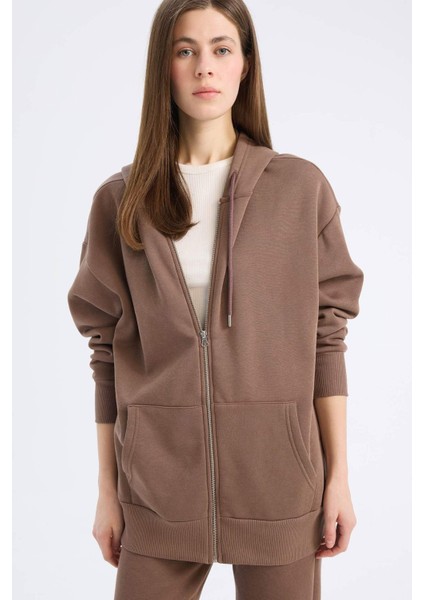 Oversize Geniş Kalıp Kapüşonlu Cepli Basic Düz Fermuarlı Sweatshirt V4233AZ25SP