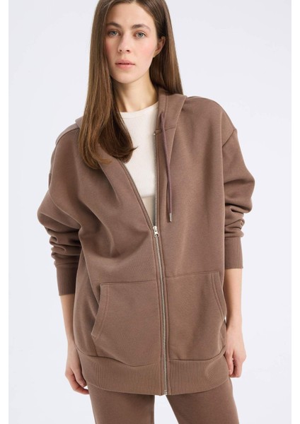 Oversize Geniş Kalıp Kapüşonlu Cepli Basic Düz Fermuarlı Sweatshirt V4233AZ25SP