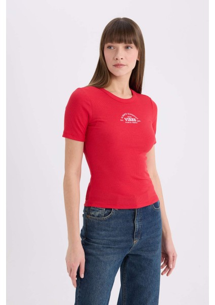 Fitted Bisiklet Yaka Baskılı Fitilli Kaşkorse Kısa Kollu Tişört E5069AX25SP